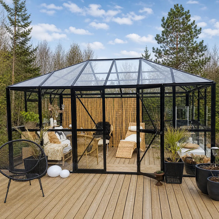 Serre Gazébo 3 x 4,2 m Série Nordic, Hauteur 2,7 m, Parois en Verre Trempé et Toit en Polycarbonate, Cadre en Aluminium Robuste, Assemblage Coulissant et Verrouillable, TMG-GHN1014