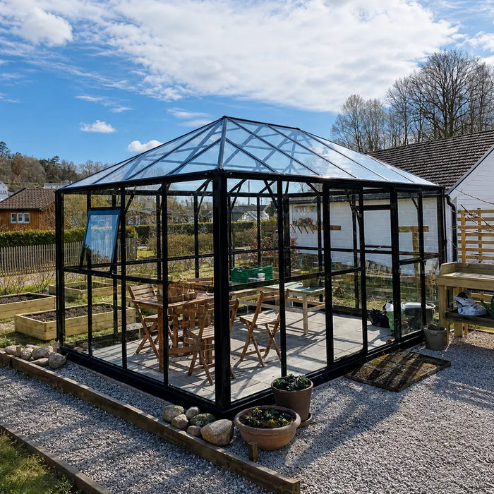 Serre Gazébo 3 x 4,2 m Série Nordic, Hauteur 2,7 m, Parois en Verre Trempé et Toit en Polycarbonate, Cadre en Aluminium Robuste, Assemblage Coulissant et Verrouillable, TMG-GHN1014