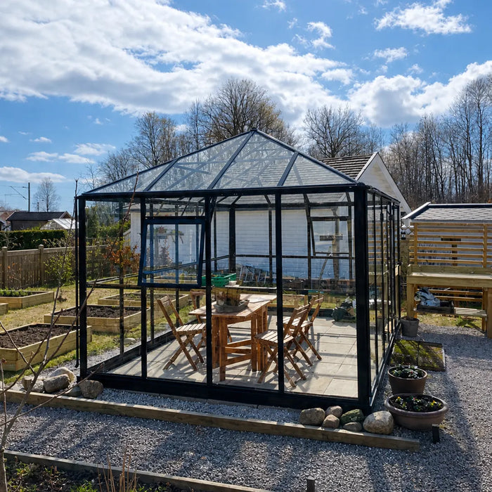 Serre-véranda Nordic Series 2,74 x 2,74 m, hauteur 2,69 m, toit en polycarbonate et murs en verre, cadre en aluminium robuste, assemblage coulissant et verrouillable, TMG-GHN1010
