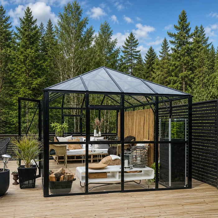 Serre de jardin 4,2 m x 4,2 m Nordic Series, hauteur 3,1 m, murs en verre trempé et toit en polycarbonate, cadre en aluminium robuste, assemblage coulissant et verrouillable, TMG-GHN1414