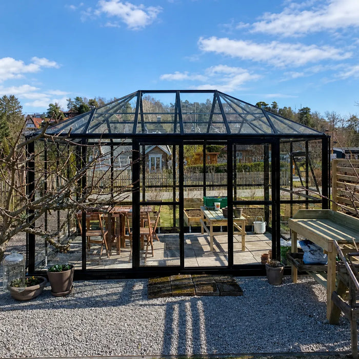 Serre Gazébo 3 x 4,2 m Série Nordic, Hauteur 2,7 m, Parois en Verre Trempé et Toit en Polycarbonate, Cadre en Aluminium Robuste, Assemblage Coulissant et Verrouillable, TMG-GHN1014