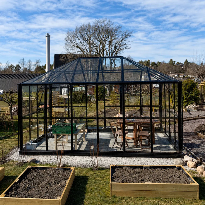 Serre Gazébo 3 x 4,2 m Série Nordic, Hauteur 2,7 m, Parois en Verre Trempé et Toit en Polycarbonate, Cadre en Aluminium Robuste, Assemblage Coulissant et Verrouillable, TMG-GHN1014