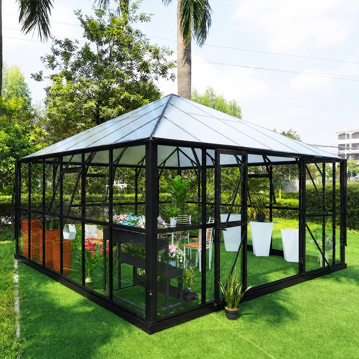 Serre de jardin 4,2 m x 4,2 m Nordic Series, hauteur 3,1 m, murs en verre trempé et toit en polycarbonate, cadre en aluminium robuste, assemblage coulissant et verrouillable, TMG-GHN1414
