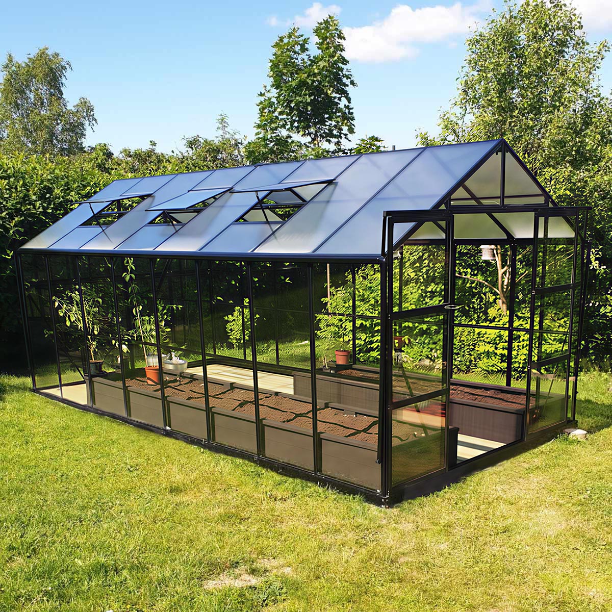 Pacific Series 6' x 14' Premium Sunroom Greenhouse with Sliding Door, 6'10" Ridge Height, 6mm Polycarbonate Walls & Roof, Slide & Lock Assembly TMG-GHP0614