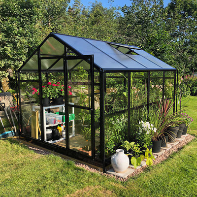 Serre de jardin véranda Pacific Series 1,8 x 1,2 m de qualité supérieure avec porte coulissante, hauteur de faîte de 2,08 m, parois et toit en polycarbonate de 6 mm, assemblage coulissant et verrouillable TMG-GHP0604