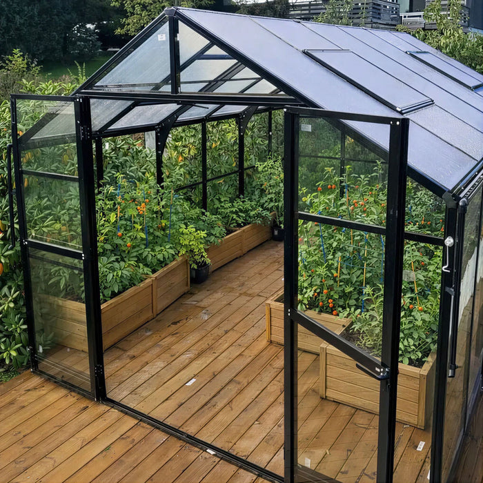 Pacific Series 8' x 12' Premium Sunroom Greenhouse with Sliding Door, 7'6" Ridge Height, 6mm Polycarbonate Walls & Roof, Slide & Lock Assembly TMG-GHP0812