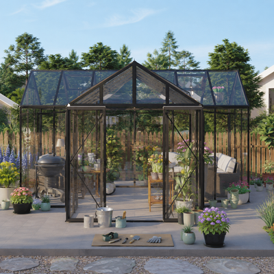Serre-véranda en forme de T 14 pi x 19 pi de la série Orangery, hauteur de 8,4 pi, cadre robuste extensible, toit et panneaux muraux entièrement en verre trempé de 4 mm TMG-GHR1419