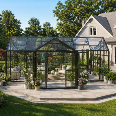 Serre Orangerie Série TMG-GHR1424 24' x 14', forme en T, hauteur de 8,4', cadre robuste extensible, toit et parois entièrement en verre trempé de 4 mm