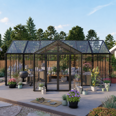 Serre de style pavillon en T Orangery Series 19' x 24', hauteur de 2,56 m, cadre en caisson robuste et extensible, toiture et panneaux muraux entièrement en verre trempé de 4 mm TMG-GHR1924