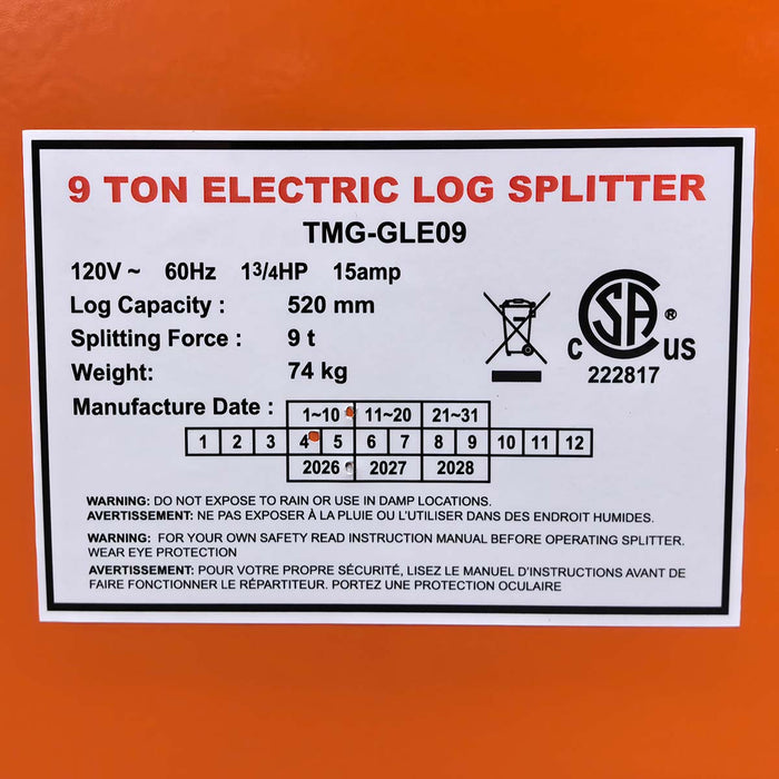 9 Ton Portable Electric Log Splitter, 120V 1.75 HP Motor, Max 13" Log Dia., TMG-GLE09