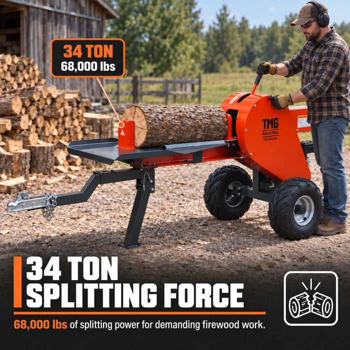 Fendeuse de bûches remorquable pour VTT/UTV de 34 tonnes, moteur à essence de 7 HP, capacité de bûches de 28 po, cycle de 3 secondes, TMG-GLS34L