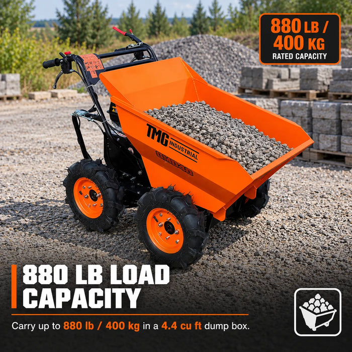 Benne autoportée de 880 lb, 4 roues motrices, moteur à essence 196 cc de 6,5 HP, transmission à 3 vitesses, TMG-GMD40