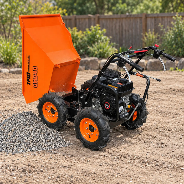 Benne autoportée de 880 lb, 4 roues motrices, moteur à essence 196 cc de 6,5 HP, transmission à 3 vitesses, TMG-GMD40