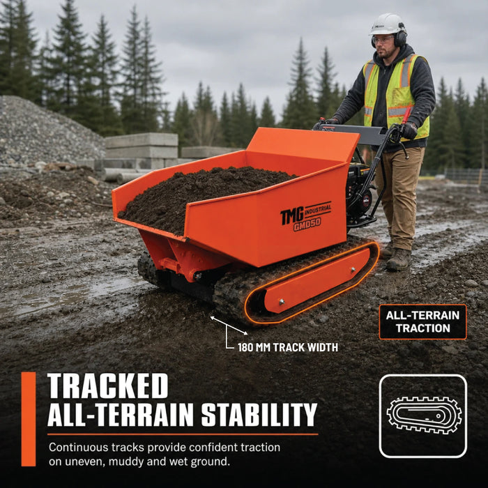 1,100 lb Tracked Dumper, Hydraulic Tipping, 196cc 6.5 HP Gas Engine, 3-Speed Transmission, TMG-GMD50