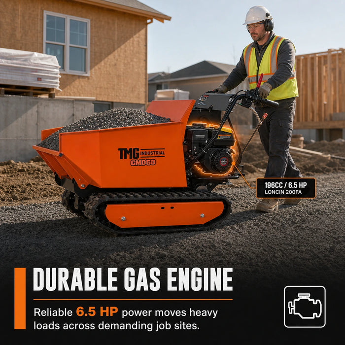 1,100 lb Tracked Dumper, Hydraulic Tipping, 196cc 6.5 HP Gas Engine, 3-Speed Transmission, TMG-GMD50