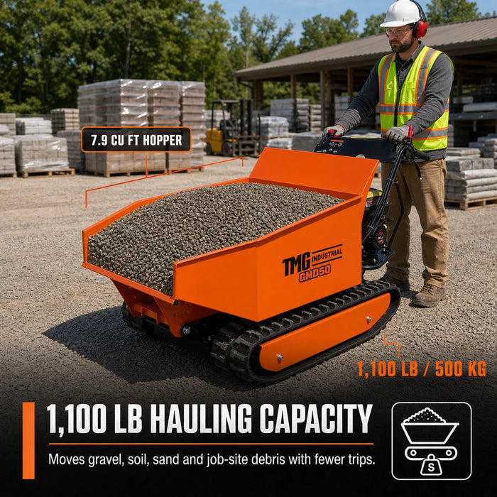 1,100 lb Tracked Dumper, Hydraulic Tipping, 196cc 6.5 HP Gas Engine, 3-Speed Transmission, TMG-GMD50