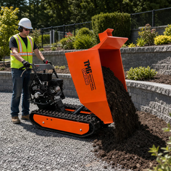1,100 lb Tracked Dumper, Hydraulic Tipping, 196cc 6.5 HP Gas Engine, 3-Speed Transmission, TMG-GMD50