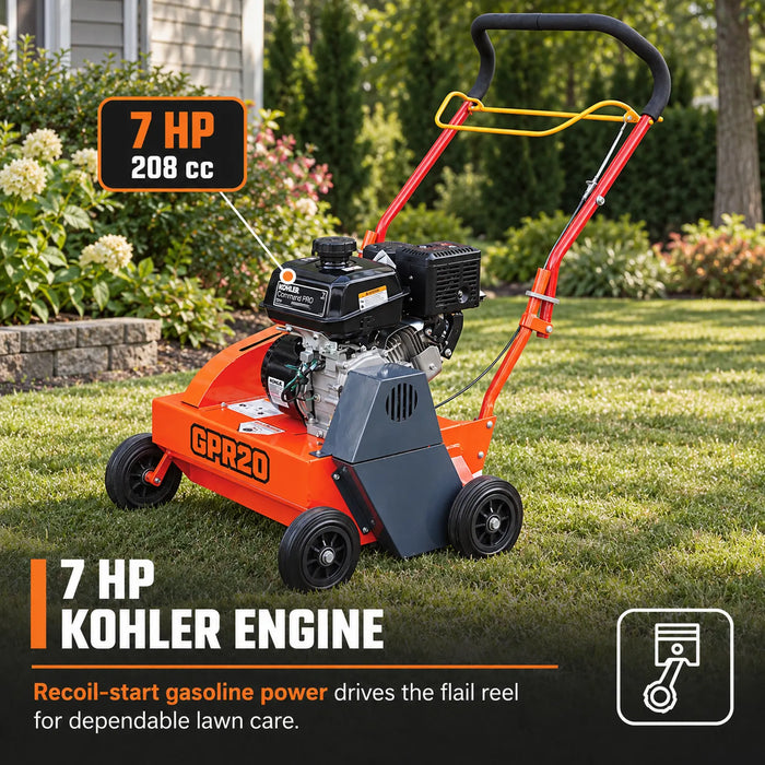 20" Power Rake with 7 HP Kohler Engine, 30-Blade Flail Reel and Adjustable Depth, TMG-GPR20