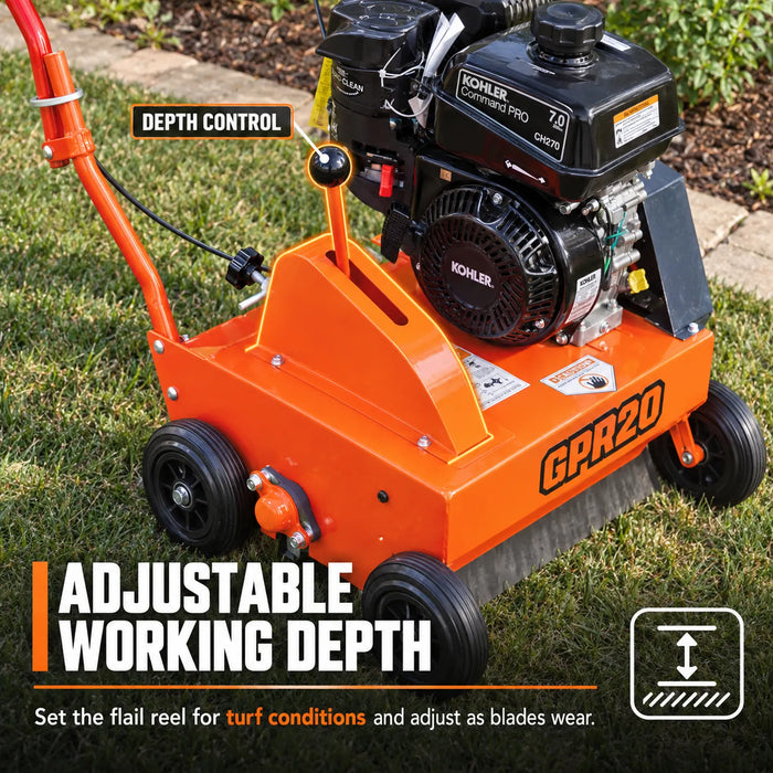 20" Power Rake with 7 HP Kohler Engine, 30-Blade Flail Reel and Adjustable Depth, TMG-GPR20