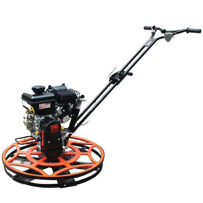 TMG-GPT30V 30-inch concrete power trowel side view with Vanguard engine and folding handle