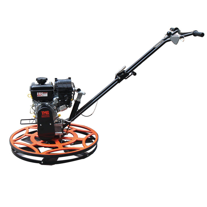 TMG-GPT30V 30-inch concrete power trowel three-quarter side view with six blades and folding handle