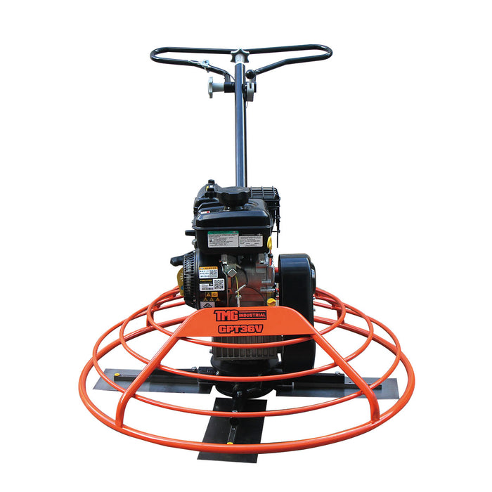 TMG-GPT36V 36-inch power trowel front view with protective ring and four-blade rotor