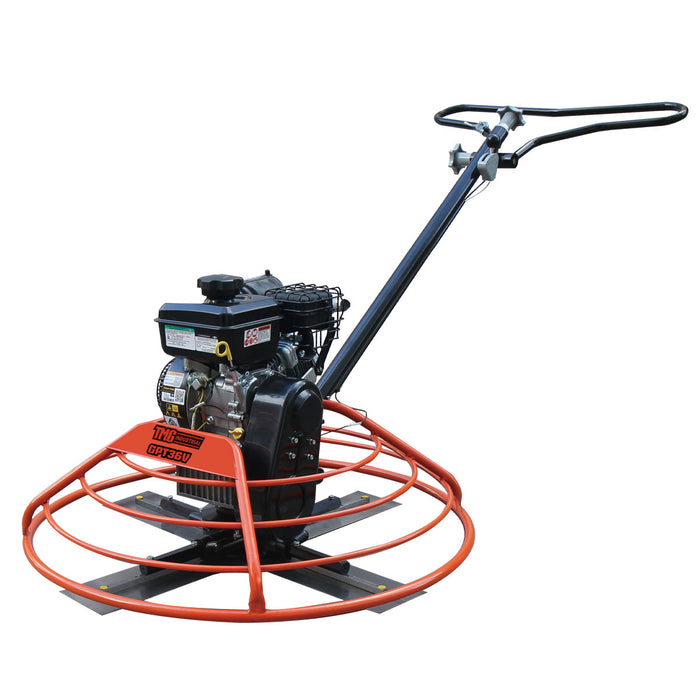 TMG-GPT36V walk-behind concrete power trowel front angle with orange guard ring and four blades