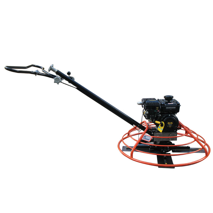 TMG-GPT36V 36-inch concrete power trowel full side profile with long handle and protective ring