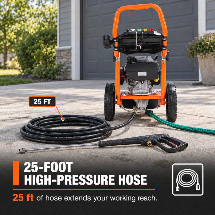 2900 PSI Gas Pressure Washer, 2.5 GPM, 200cc Gas Engine, 25' Hose, 12" Wheels, Fold-Down Handle, TMG-GPW30RV
