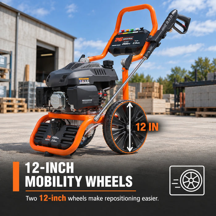 2900 PSI Gas Pressure Washer, 2.5 GPM, 200cc Gas Engine, 25' Hose, 12" Wheels, Fold-Down Handle, TMG-GPW30RV