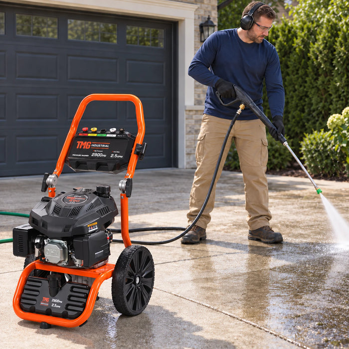 2900 PSI Gas Pressure Washer, 2.5 GPM, 200cc Gas Engine, 25' Hose, 12" Wheels, Fold-Down Handle, TMG-GPW30RV