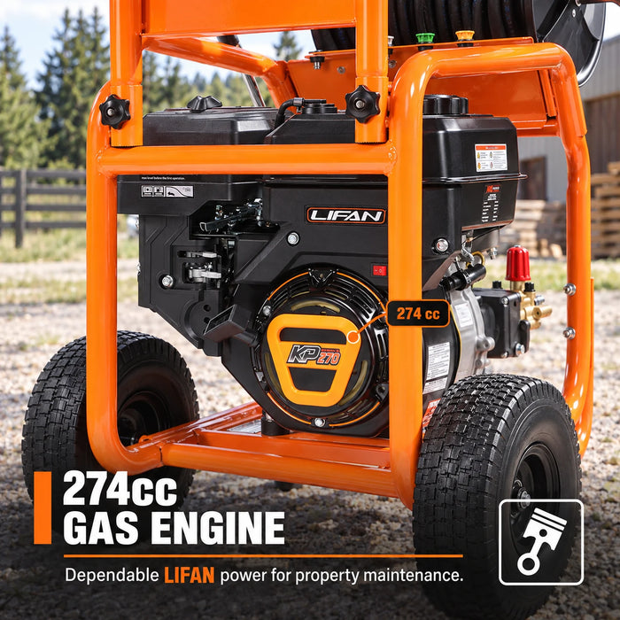 Nettoyeur haute pression à essence de 3335 PSI, 3.2 GPM, moteur à essence de 274cc, pompe triplex industrielle, enrouleur de tuyau de 98', TMG-GPW34LF