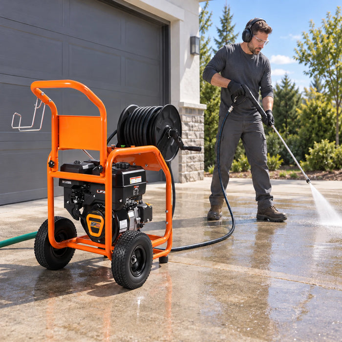 Nettoyeur haute pression à essence de 3335 PSI, 3.2 GPM, moteur à essence de 274cc, pompe triplex industrielle, enrouleur de tuyau de 98', TMG-GPW34LF