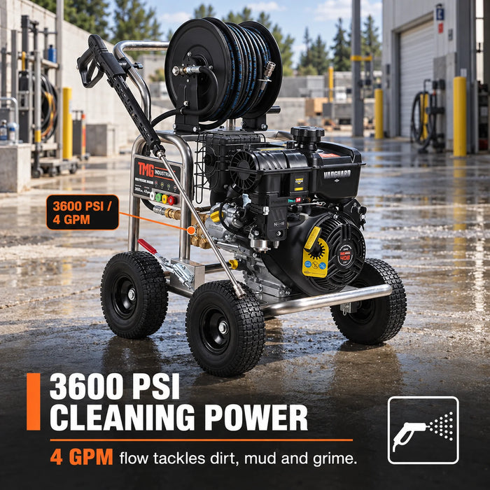 Nettoyeur haute pression à essence 3600 PSI, 4 GPM, moteur Vanguard 408cc, pompe industrielle Triplex AR, dévidoir 98', TMG-GPW36BS