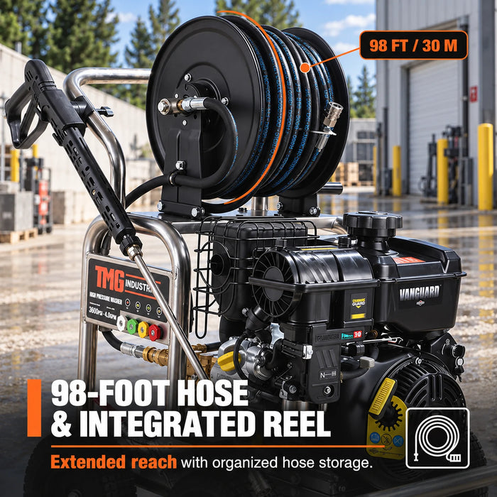 Nettoyeur haute pression à essence 3600 PSI, 4 GPM, moteur Vanguard 408cc, pompe industrielle Triplex AR, dévidoir 98', TMG-GPW36BS