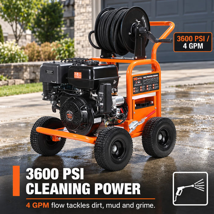 3600 PSI Gas Pressure Washer, 4 GPM, 420cc Gas Engine, Industrial Triplex Pump, 98' Hose Reel, TMG-GPW36R