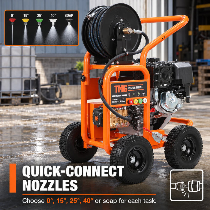 3600 PSI Gas Pressure Washer, 4 GPM, 420cc Gas Engine, Industrial Triplex Pump, 98' Hose Reel, TMG-GPW36R