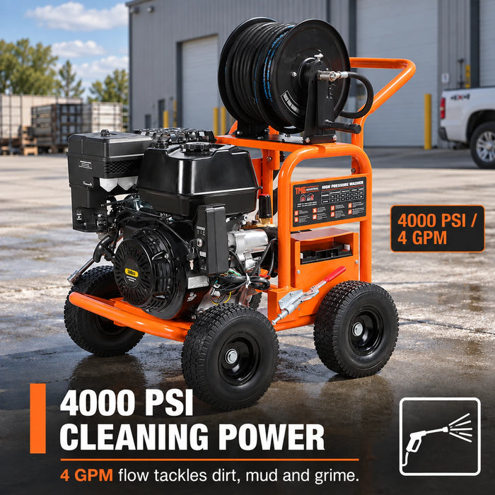 Nettoyeur haute pression à essence 4000 PSI, 4 GPM, moteur à essence 500cc, pompe triplex industrielle, enrouleur de tuyau 98', TMG-GPW40R