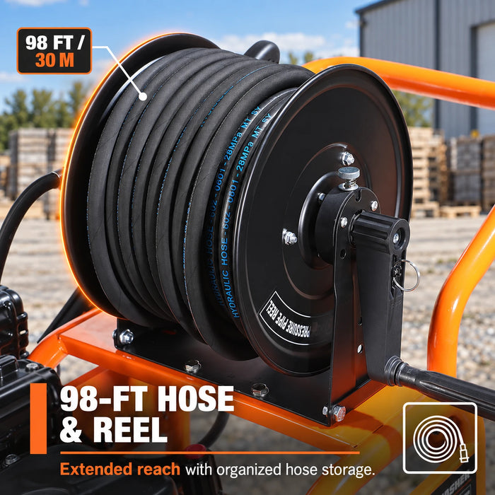 Nettoyeur haute pression à essence 4000 PSI, 4 GPM, moteur à essence 500cc, pompe triplex industrielle, enrouleur de tuyau 98', TMG-GPW40R