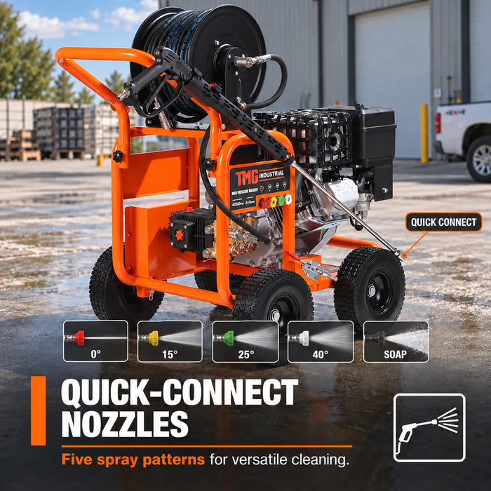 Nettoyeur haute pression à essence 4000 PSI, 4 GPM, moteur à essence 500cc, pompe triplex industrielle, enrouleur de tuyau 98', TMG-GPW40R