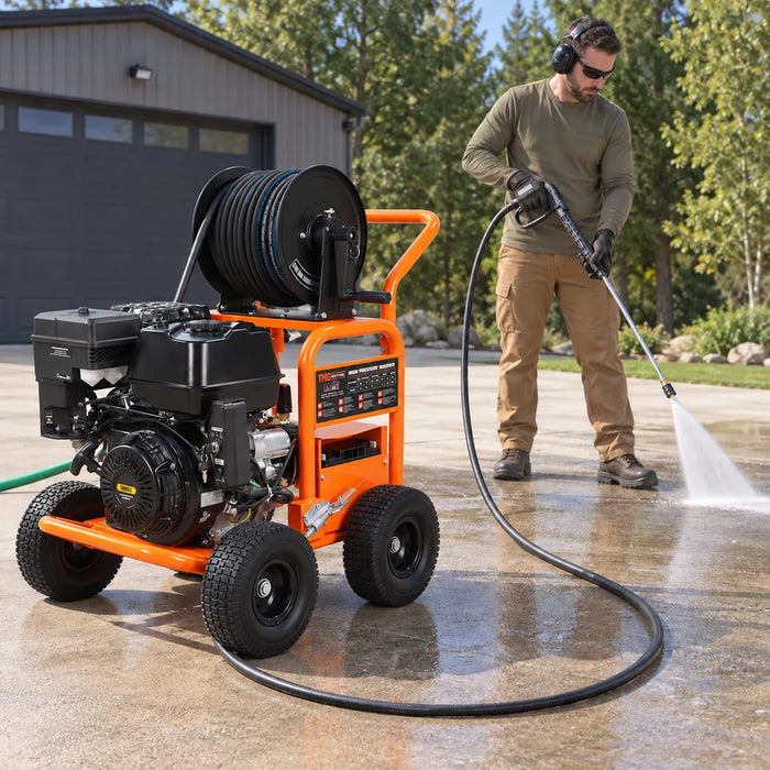 Nettoyeur haute pression à essence 4000 PSI, 4 GPM, moteur à essence 500cc, pompe triplex industrielle, enrouleur de tuyau 98', TMG-GPW40R