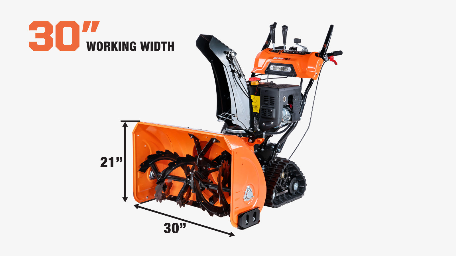 TMG Industrial 30” Self-Propelled Gas-Powered Snow Blower, Dual-Stage, Rubber Track, Heated Hand Grips, Electric Start, 21” Intake Height, LED Light, TMG-GSB30-specifications-image