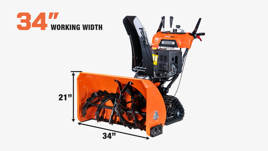 34" Self-Propelled Gas-Powered Snow Blower, Dual-Stage, Rubber Track, Heated Hand Grips, Electric Start, 21" Intake Height, LED Light, (Discontinued – No Longer Available) TMG-GSB34