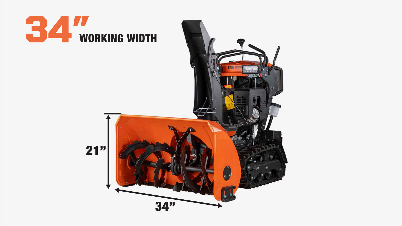 TMG Industrial 34” Stand-On Gas-Powered Snow Blower, Dual Stage, Rubber Track, LED Light, 50’ Throwing Distance, TMG-GSB36-specifications-image