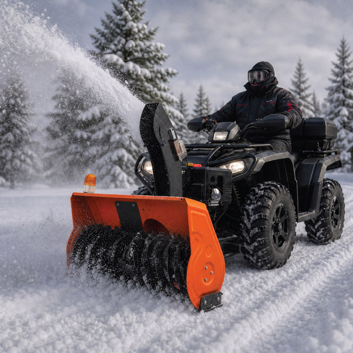 TMG-GSB48U snow blower mounted on an ATV throwing snow through its discharge chute on a snow-covered trail.
