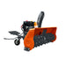Front side view of the TMG-GSB48U snow blower showing the serrated auger blades, orange housing, skid shoe and discharge chute.