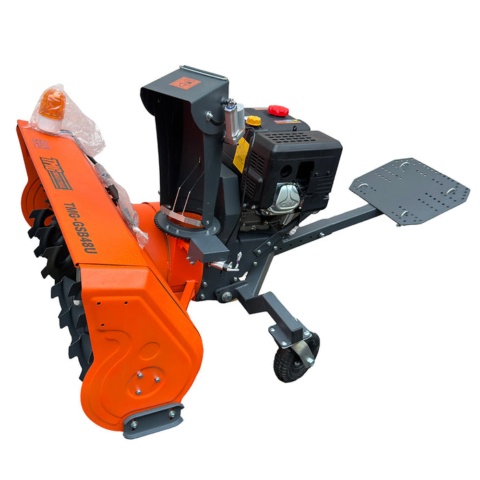 Opposite side view of the TMG-GSB48U snow blower showing the discharge chute, engine, orange auger housing and mounting frame.