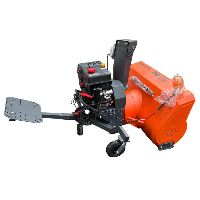 Rear angled view of the TMG-GSB48U snow blower showing the gas engine, discharge chute, support wheel and extended mounting plate.