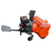 Rear angled view of the TMG-GSB48U snow blower showing the gas engine, discharge chute, support wheel and extended mounting plate.