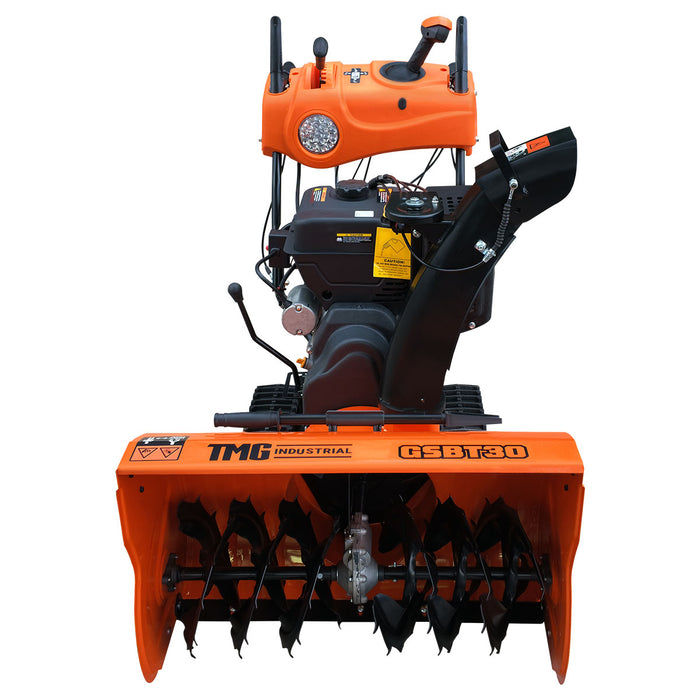Souffleuse à neige autotractée de 30 po, moteur à essence de 375 cm³ 13 CV, démarrage électrique, tarière dentelée, joystick, lumière DEL, poignées chauffantes, TMG-GSBT30